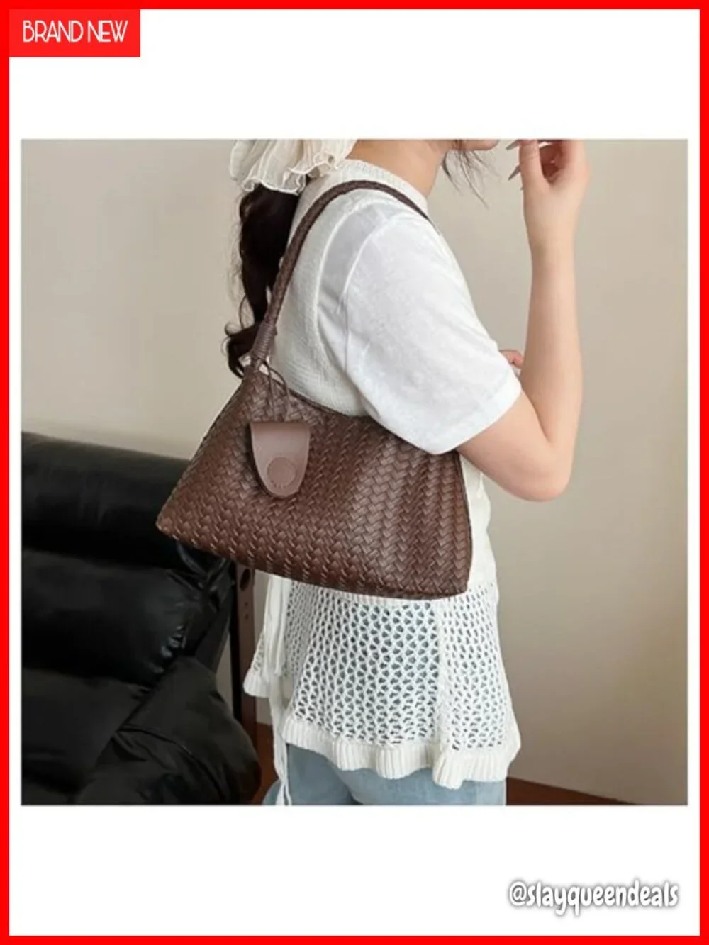 Woven Hobo Bag for Women Faux Leather Shoulder Bag Slouchy Handbag Tote Work